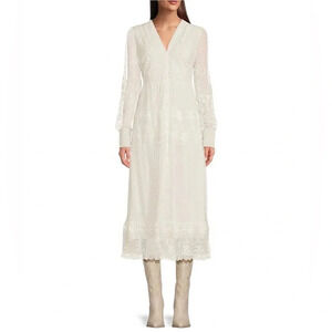 NEW Reba Embroidered Mesh Lace Button Front Tiered Off-White Midi Dress Size 8